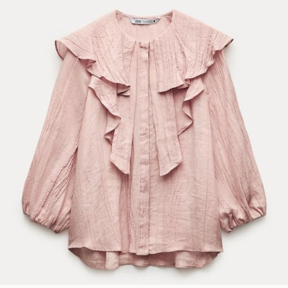 Zara Pink Puff Sleeve Ruffled Blouse